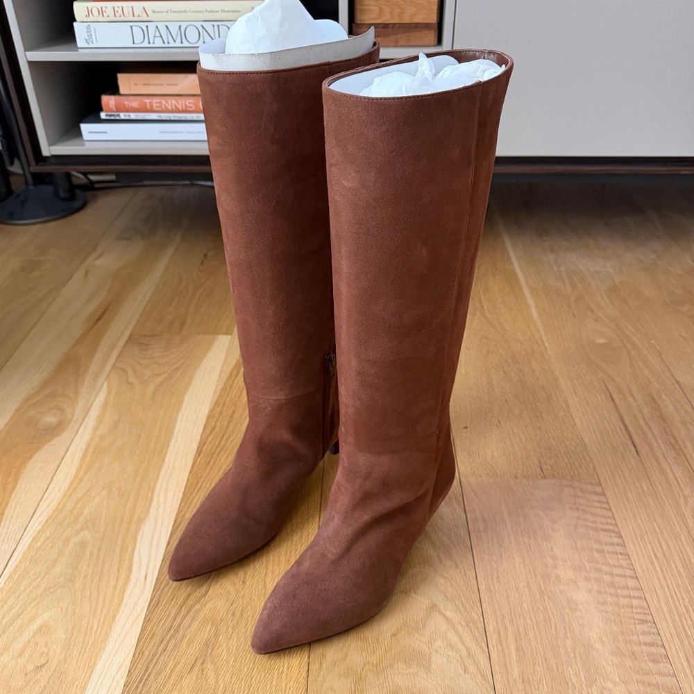 Sezane Leonie Brown Suede Knee High Kitten Heel Boots